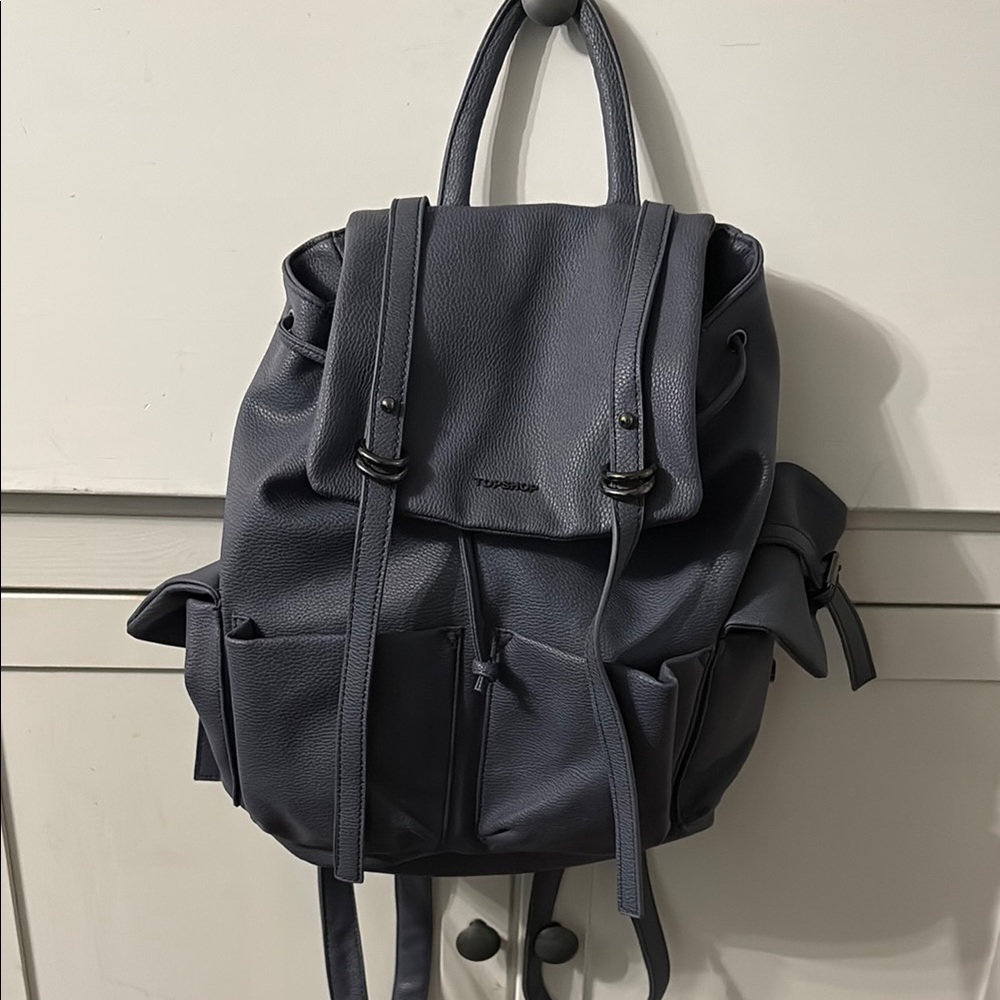 Topshop Dark Gray faux Leather, inner drawstring Backpack, magnet buttons